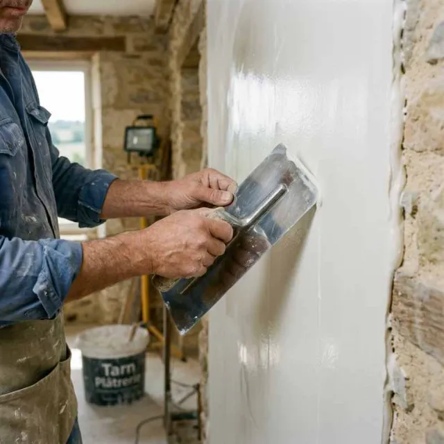 renovation-platre-pierre-artisan-tarn Application d'un enduit de lissage blanc sur un mur en pierre traditionnelle par l'artisan plaquiste Rouane Chikh dans le Tarn.