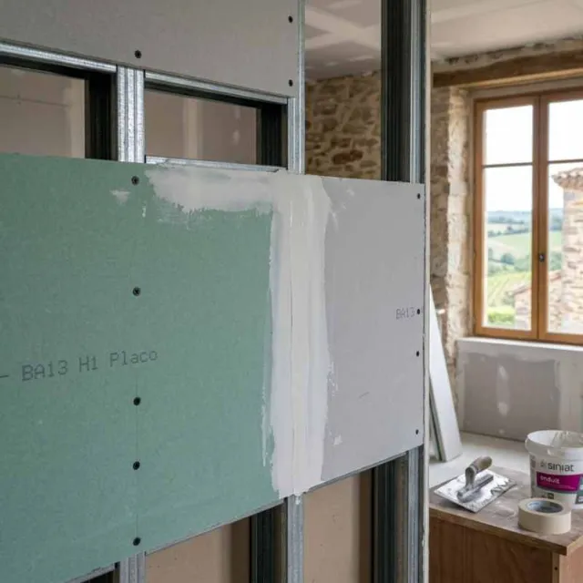 travaux-placo-plaquiste-albi Pose de plaques de plâtre BA13 vertes et grises sur ossature métallique par l'artisan Rouane Chikh au Sequestre.